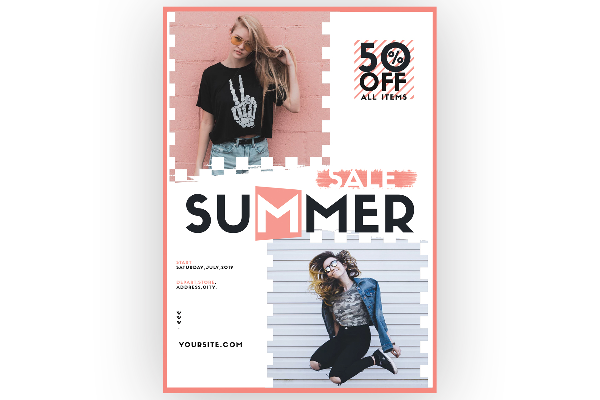 Free summer sale flyer template with 50 percent off offer and modern fashion retail layout